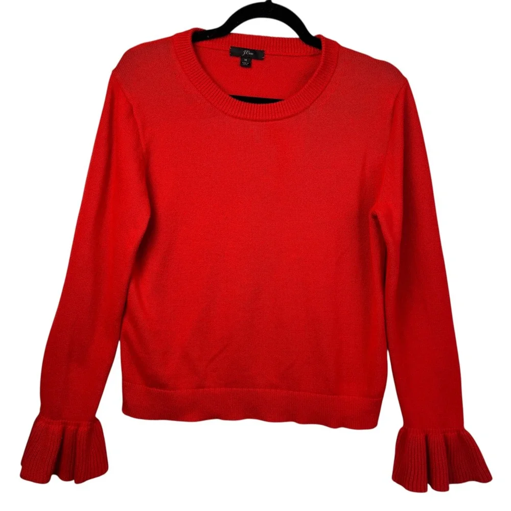 J. Crew Sweater M Red Cotton‎ Ruffle Cuff Long Sleeve Crew Neck